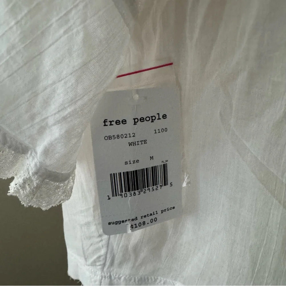 Free People White Crochet Yoke Flutter Sleeve Top